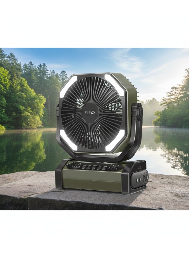 Flexy 8 Inch Rechargeable Fan, 10000mAh Battery, 30H Working, 60H LED, Remote Control, AC/DC, 3 Speeds, Oscillation, Overcharge Protection, USB Charging, 2-Year Warranty - Image 2